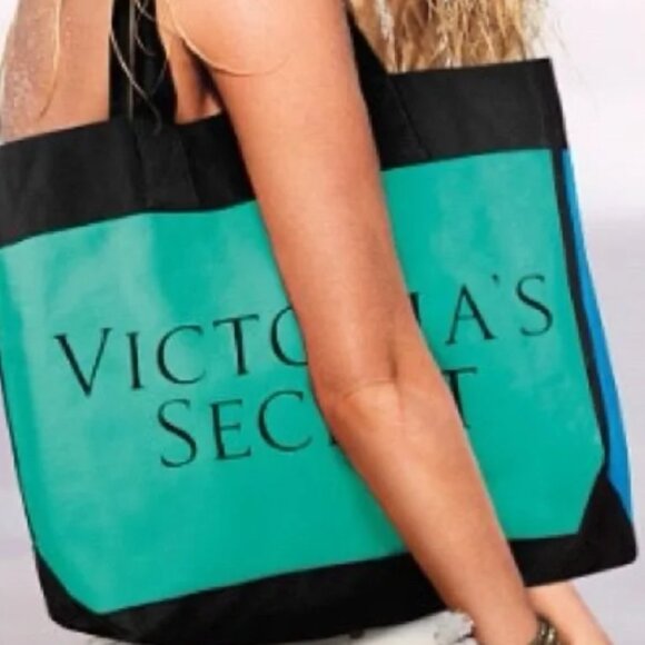 Victoria's Secret Blue Green and Black Colorblock Canvas Beach Tote - Picture 1 of 1